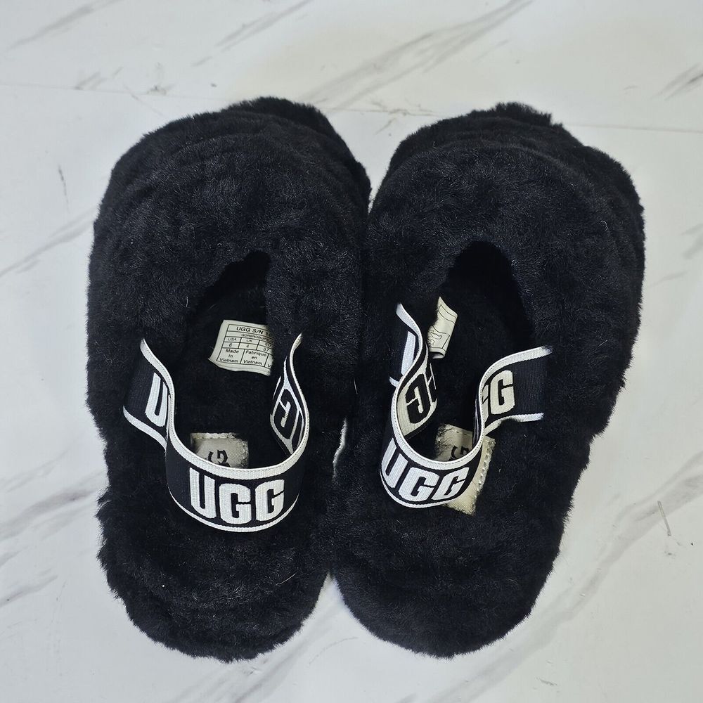 UGG Womens 6‎ Fluff Yeah Slide Black Slippers Sling Back Logo - Picture 5 of 11